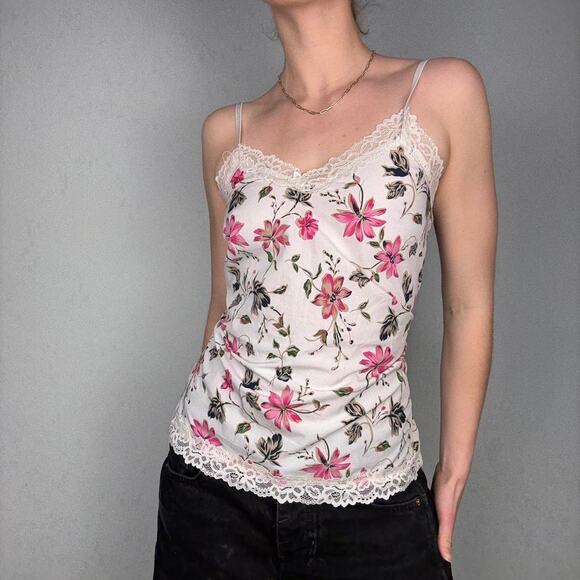 White floral lace cami tank top adjustable straps Y2K - fits like size small - Picture 2 of 7